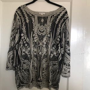 Lace Black & Cream/Gold detail/pattern, 3/4 sleeve blouse, size XL